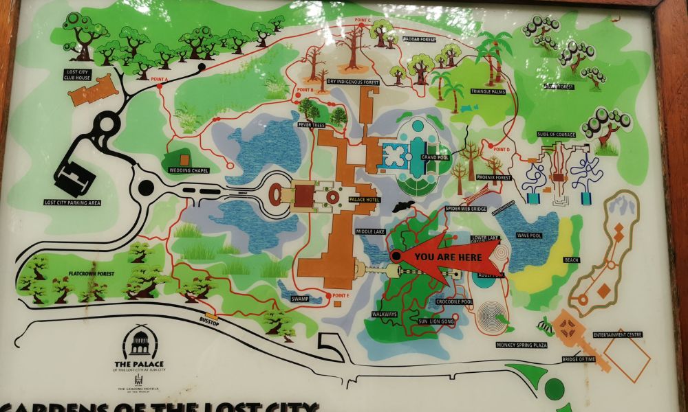 Map of the Palace and Gardens of the Lost City at Sun City in South Africa.