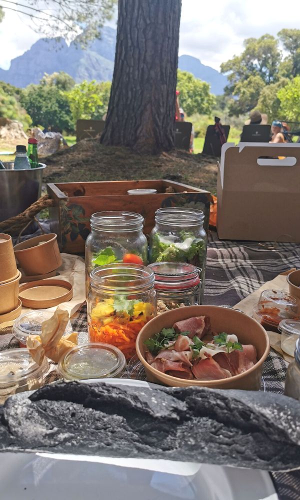 Picnic contents at Boschendal Wine Farm in South Africa.