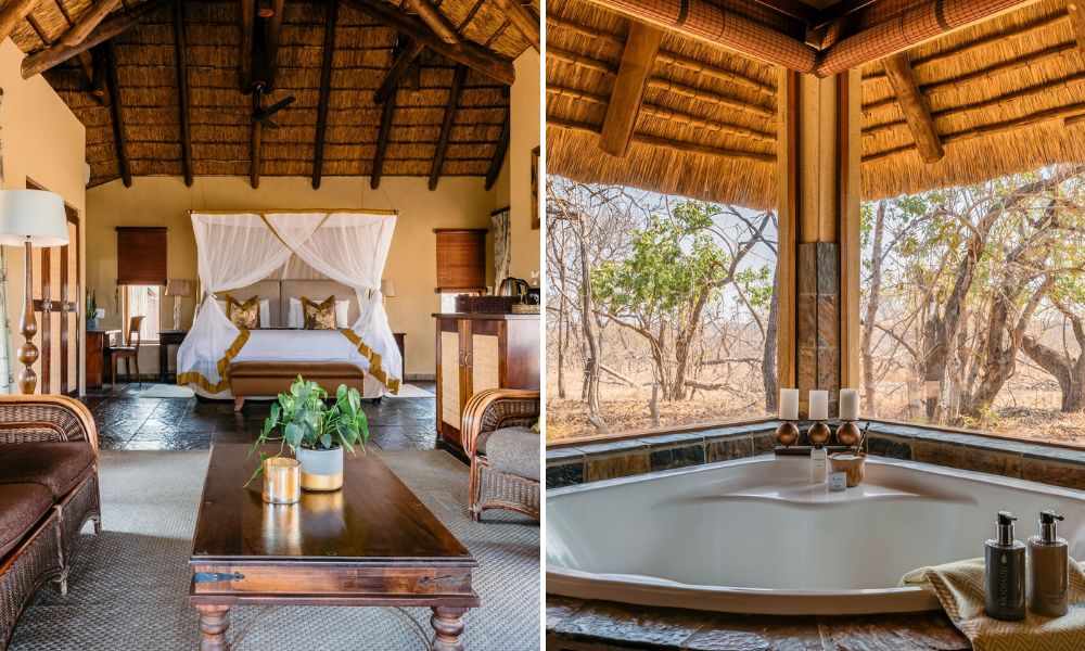 Standard Suite and bathroom at Jackalberry Lodge in Thornybush Game Reserve in South Africa.