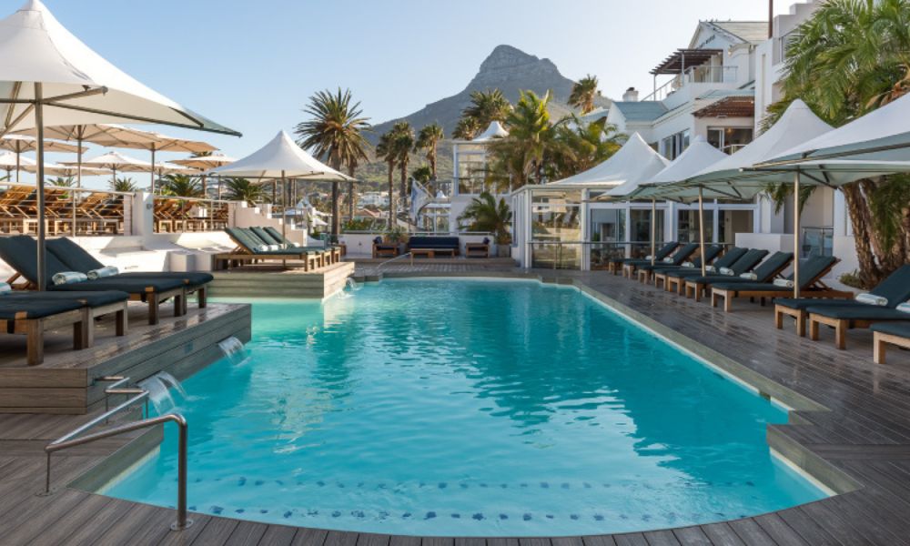 The main pool area at The Bay Hotel in Camps Bay in Cape Town.