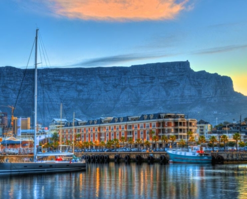 View of Table Mountain and the Cape Grace in Cape Town at sunrise.