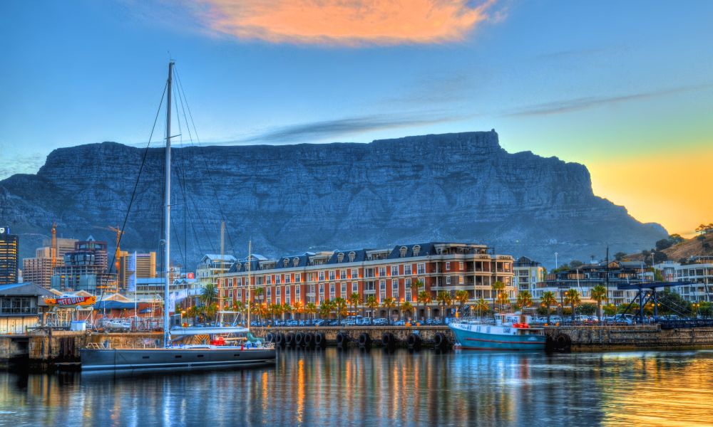 View of Table Mountain and the Cape Grace in Cape Town at sunrise.