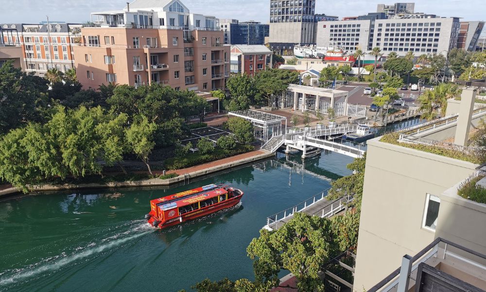 View of the City Sightseeing boat from the balcony of 401 Apartment in the V&A Marina Residential in Cape Town.