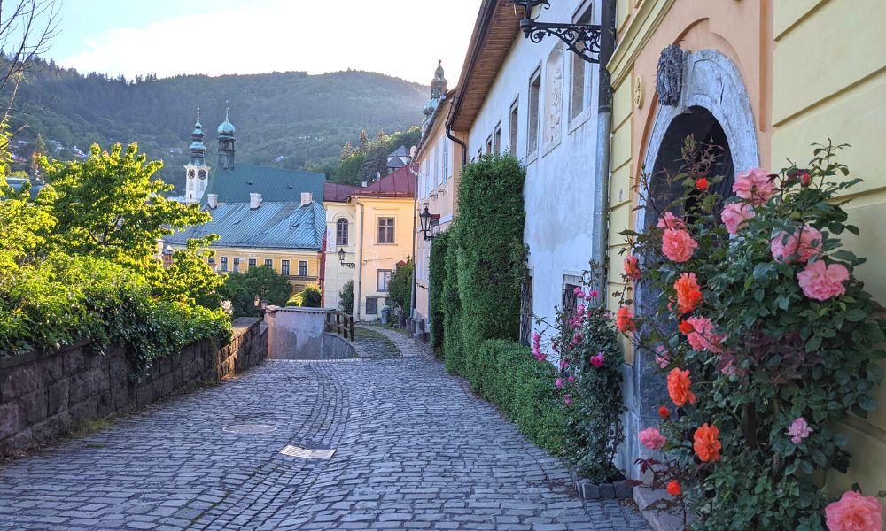 A beautiful cobbled street in Banska Stiavnica which is not far from Thermia Palace the best spa in Slovakia.