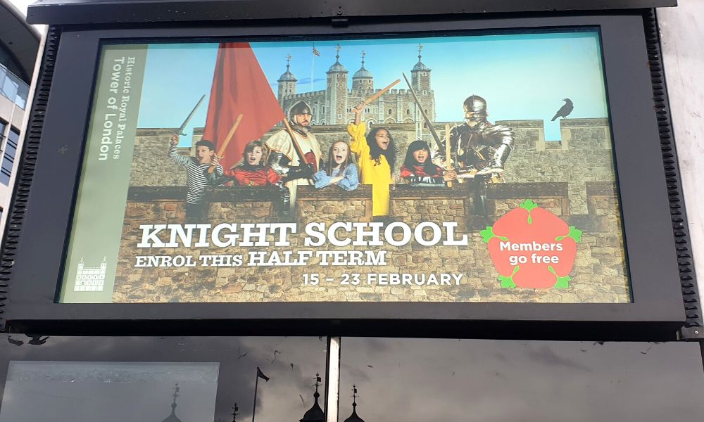 An advert for Knight School at the Tower of London that takes place during the school holidays.