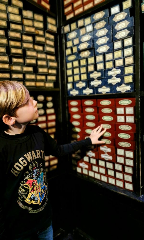 Boy wearing a Hogwarts tshirt looking at a large selection of wands at the Harry Potter Studio Tour in London.