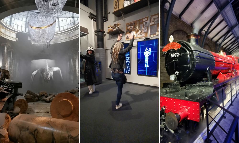 Collection of photos from the Harry Potter Studio Tour in London with the dragon under Gringotts Bank, a lday making Dobby dance and the Hogwarts Express.