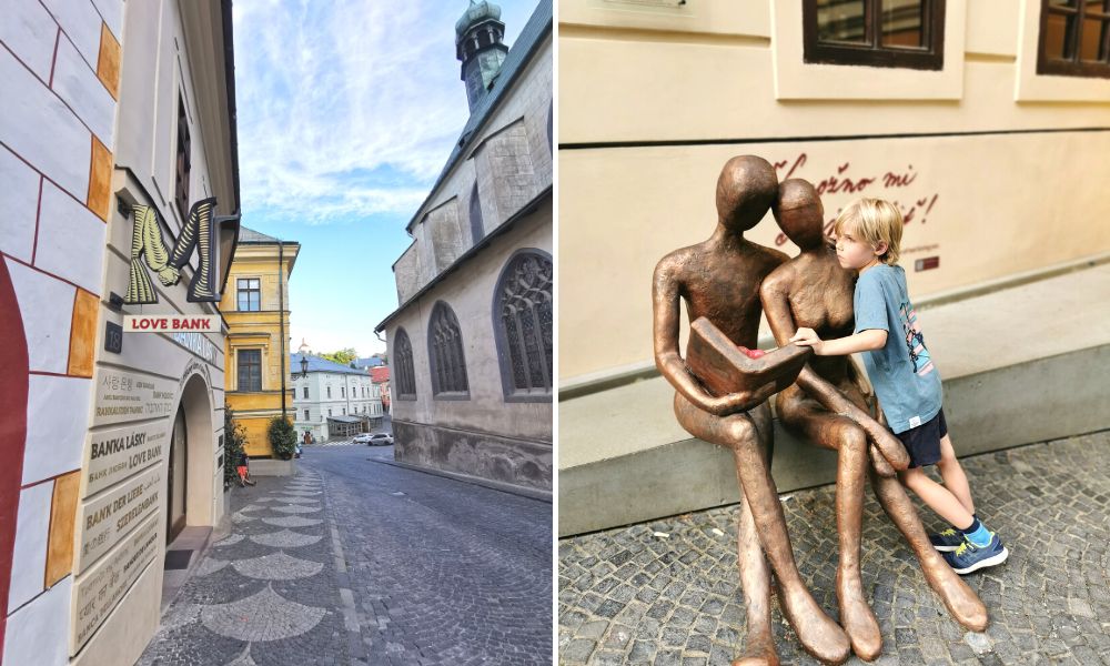 The Love Bank in Banska Stiavnica and a child listening to verses from the poem Marina outside the museum.