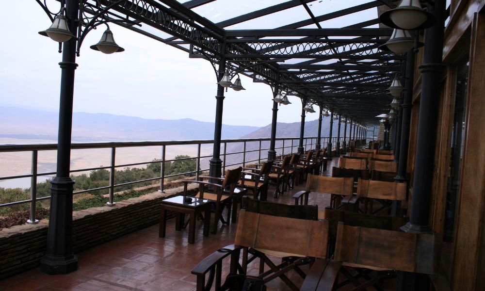 Views of the Ngorongoro Crater from the terrace of the Ngorongoro Serena Safari Lodge in Tanzania.
