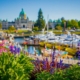 blurred view of the Inner Harbour and the Legislative Assembly building in Victoria BC with colourful flowers in the foreground.