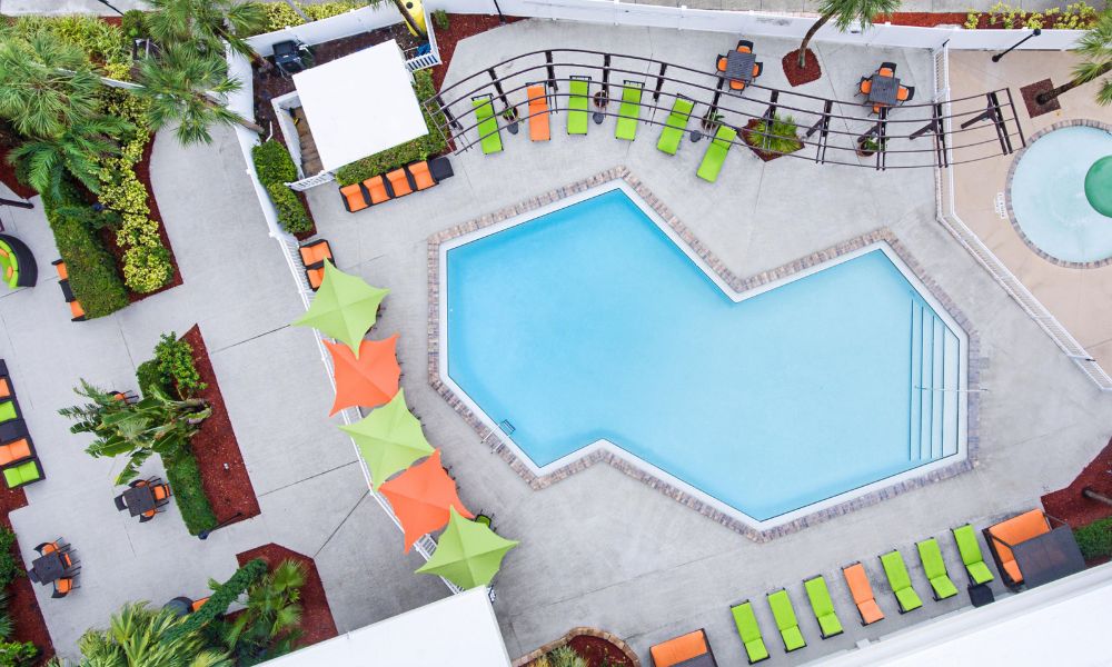 Aerial view of the pool area at Holiday Inn and Suites near Universal Orlando.