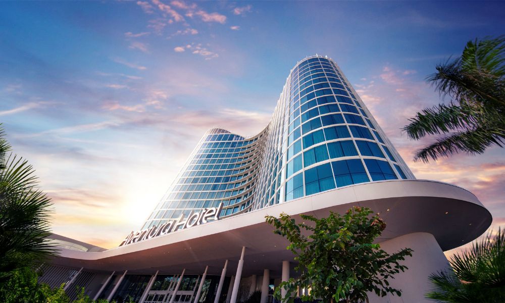 Main entrance to Universal's Aventura Hotel in Orlando - one of the best hotels near Universal Orlando for families.