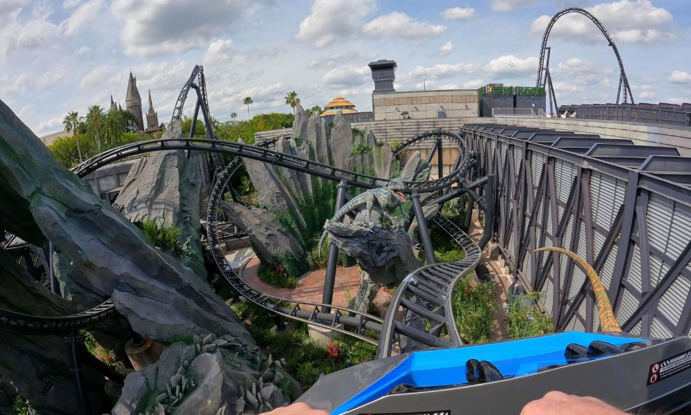 Person riding the Jurassic World VelociCoaster at Universal Resort Orlando