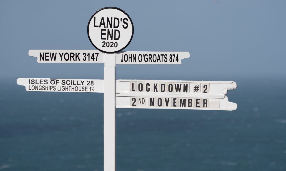 Signpost at Land's End with the sea in the background.
