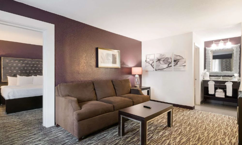 Suite with sofabed at the Clarion Inn and Suites Orlando - one of the best family hotels near Universal Studios.