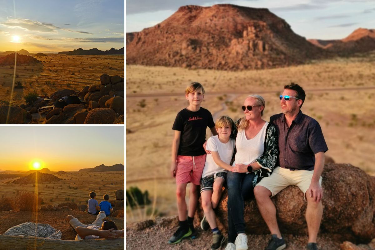 Family enjoying the sunset at Camp Kipwe in Damaraland in Namibia.