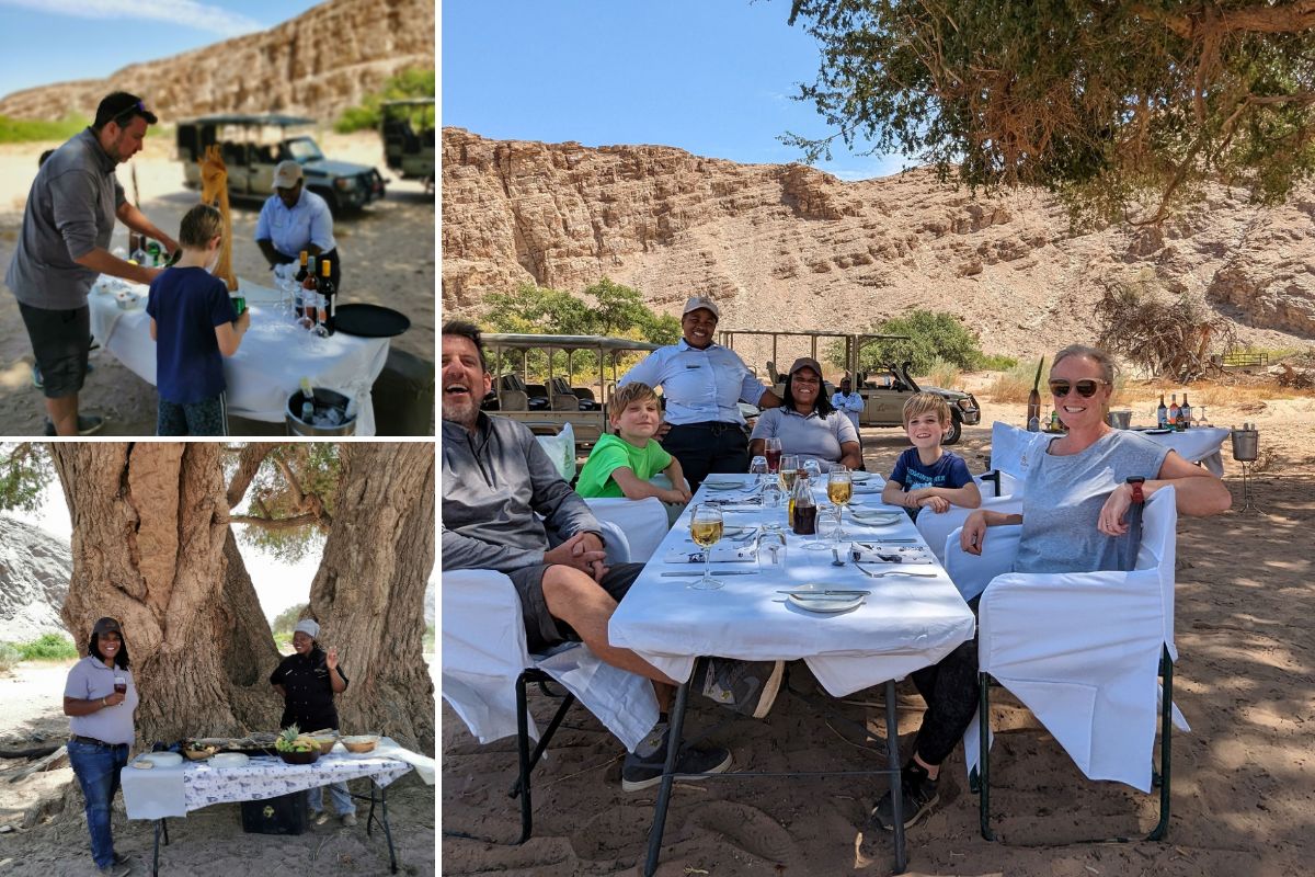 Family having lunch outside under a tree in the Hoanib Valley.