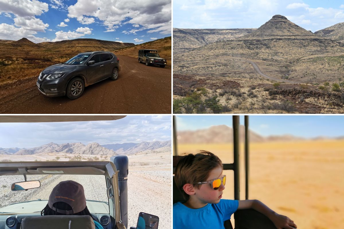 Images of a family road trip in Namibia from Etosha Mountain Lodge to Hoanib Valley.