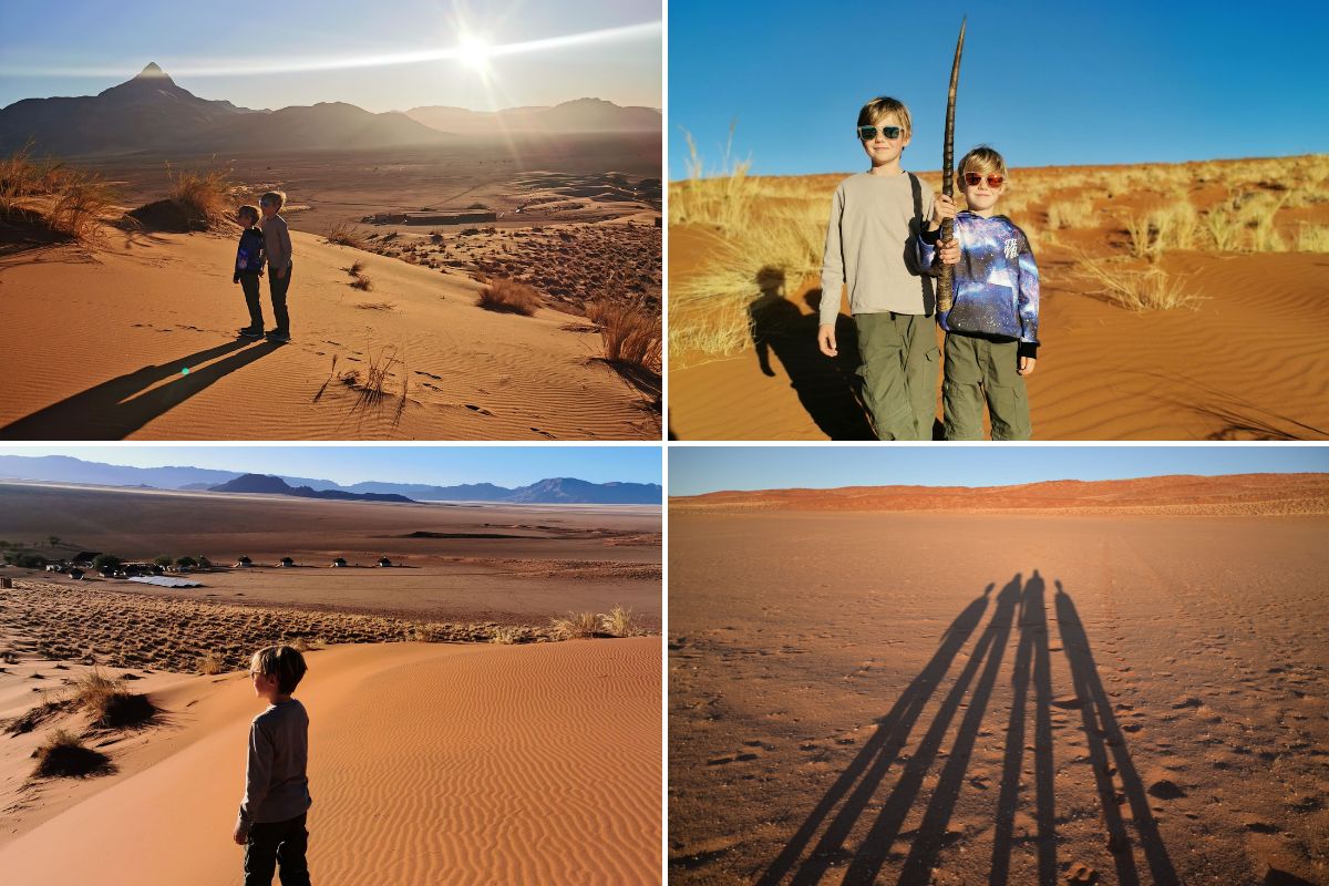 Images of family on a sunrise walk through teh sand dunes at Kwessi Dunes in the Namib Rand Nature Reserve in Namibia.