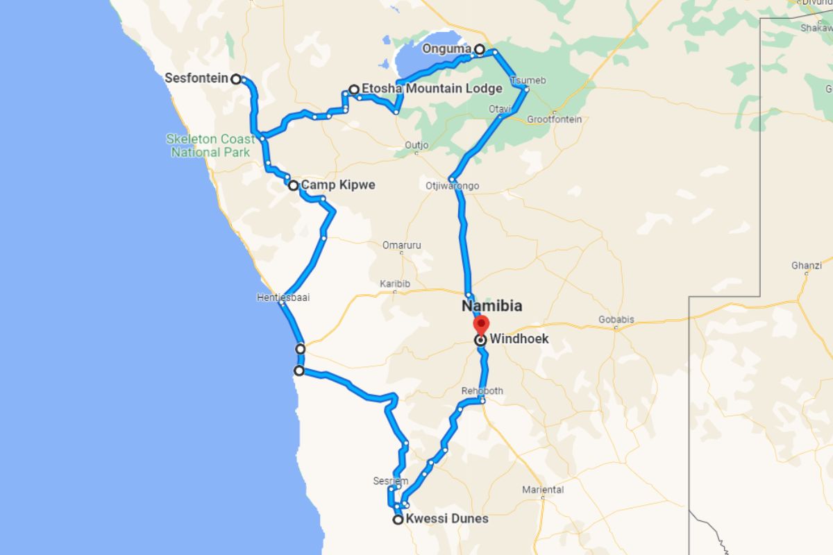 Our 2-week Namibia road trip route.