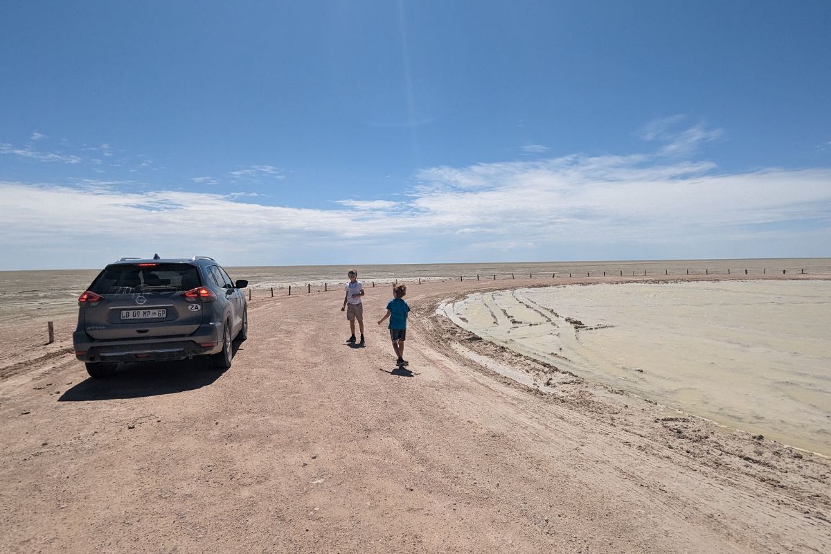 Two boys standing by a Nissan XTrail in Etosha National Park on a two week Namibian road trip.