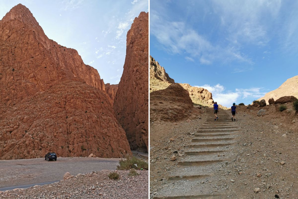 Car in a car park at Todra Gorge and children walking up steps at the start of the Todra Gorge hike.