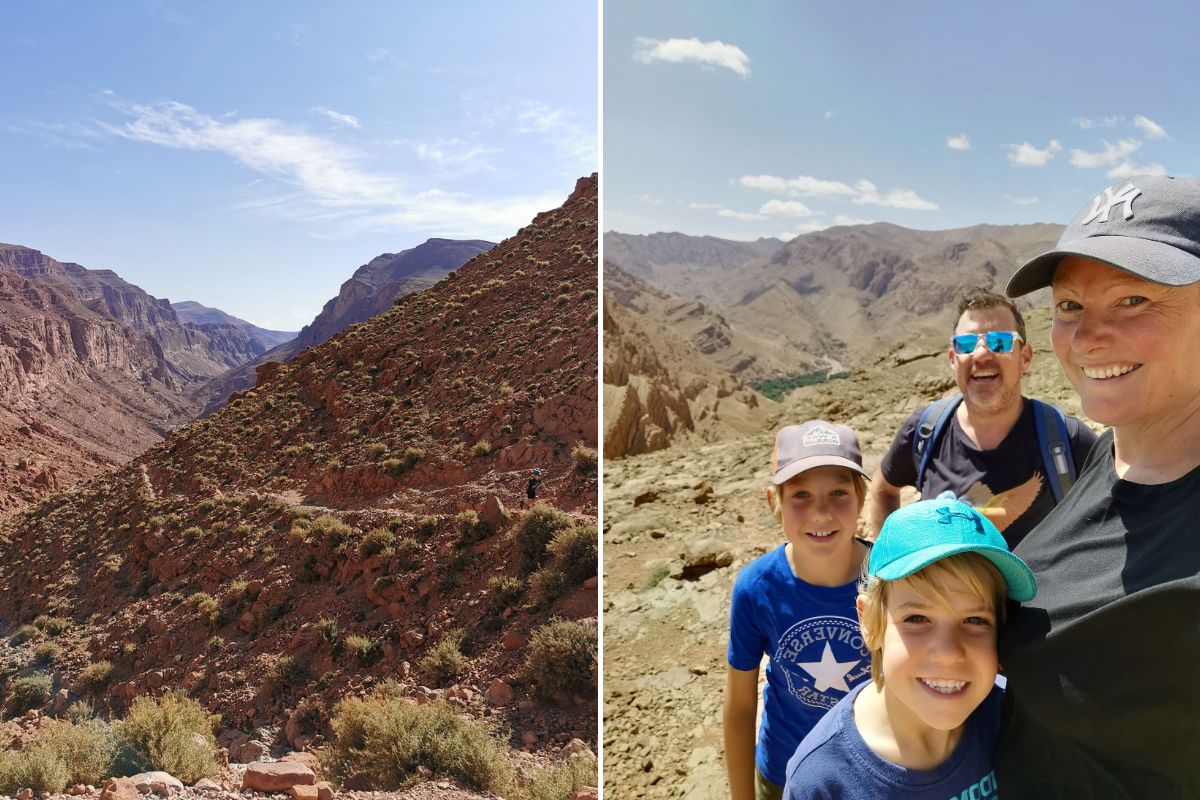 Family on a hike in Todra Gorge during a 7 day Morocco itinerary.