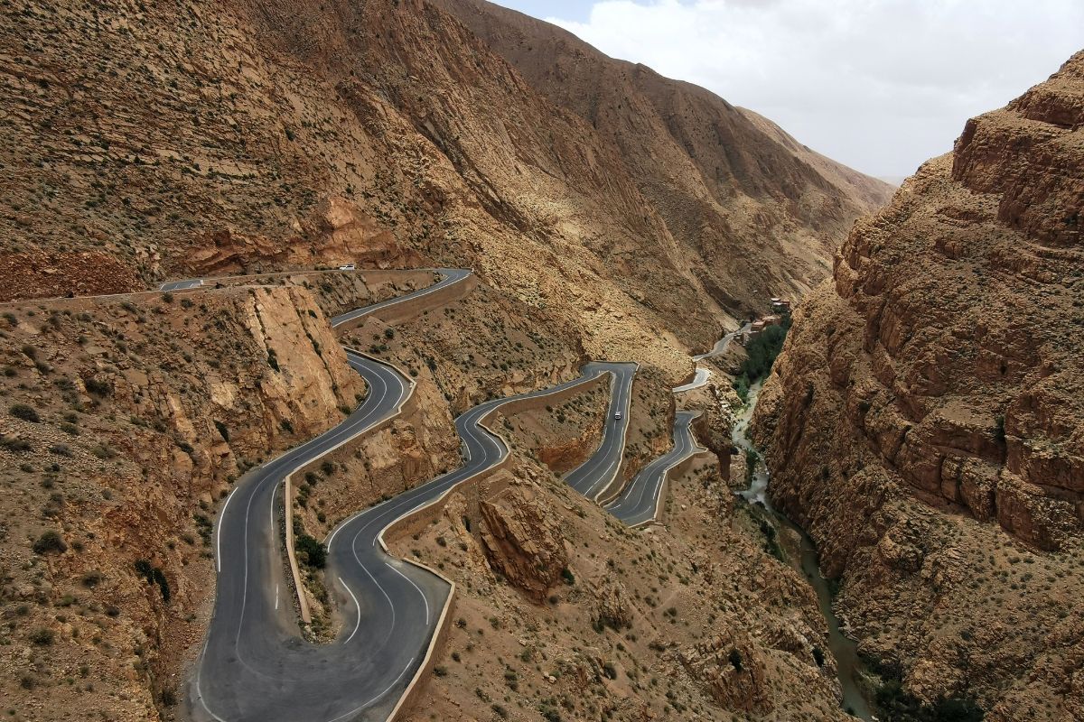 View of the winding road in Dades Gorge from the Cafe Restaurant Timzzillite.