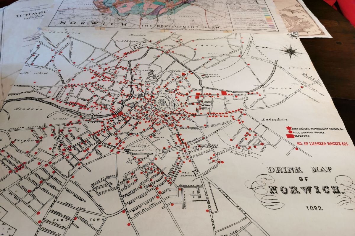Drink Map of Norwich from 1892 on display at the Museum of Norwich.