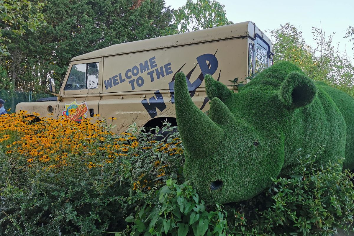 Green rhino in front of a Chessington jeep.