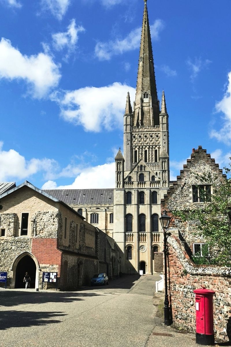 Norwich Cathedral on a sunny day.