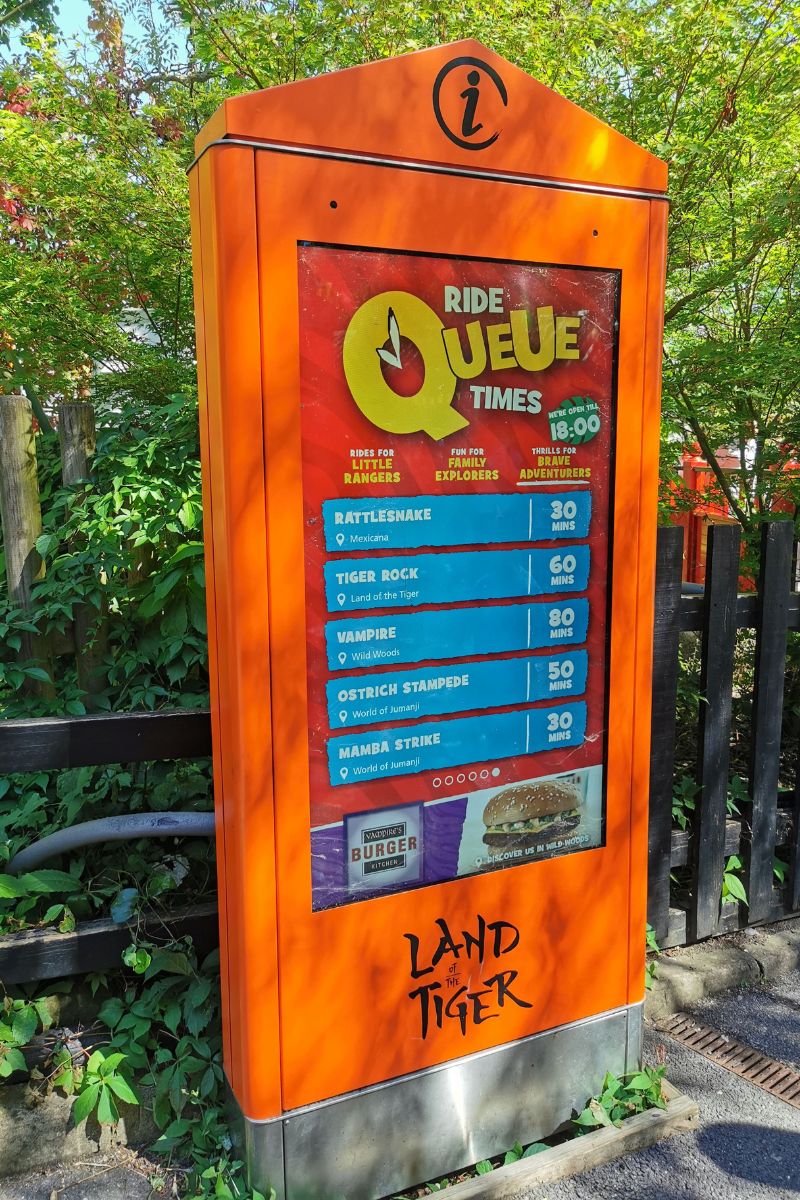 Sign showing ride queue times at Chessington.