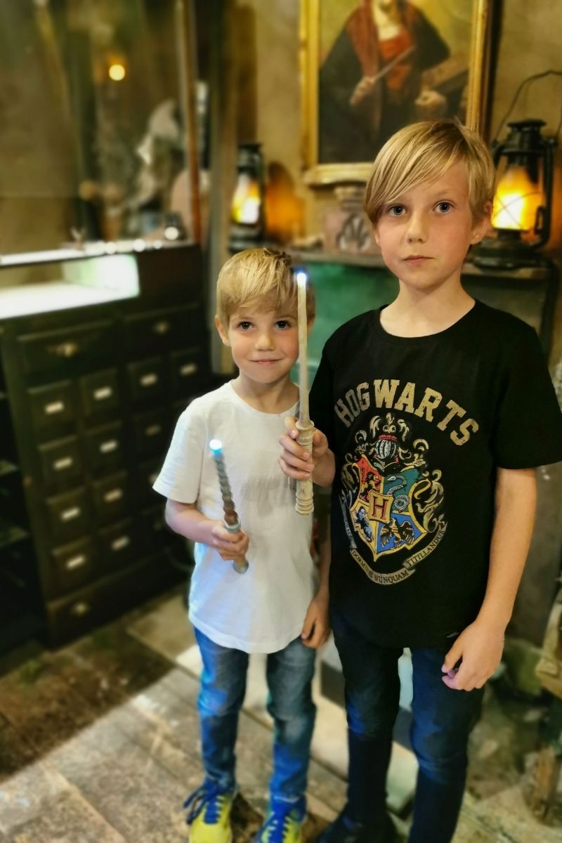 Two boys holding wands at the Wand Making Experience at Wands and Wizards Exploratorium.