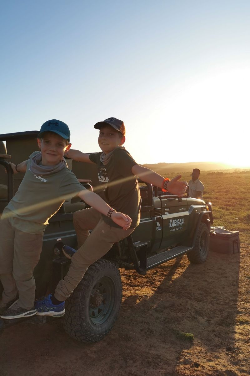 Kids on safari at Kariega Game Reserve in South Africa.